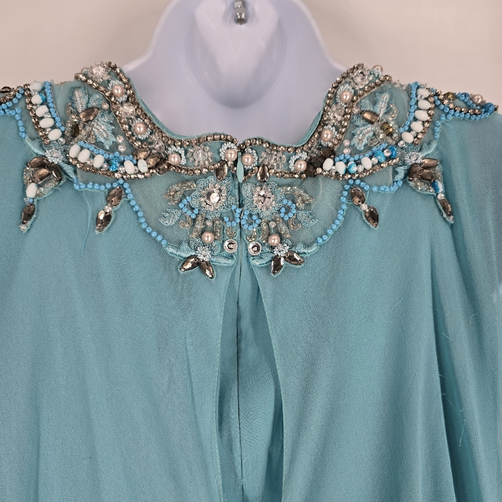 Marchesa Couture Aqua Blue Embellished Neckline Chiffon Caftan Gown No Size - Picture 4 of 16